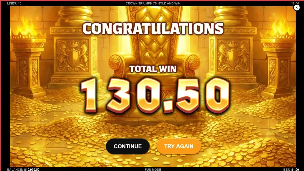 Interface do slot Crown Triumph 7s Hold and Win com símbolos clássicos e design luxuoso