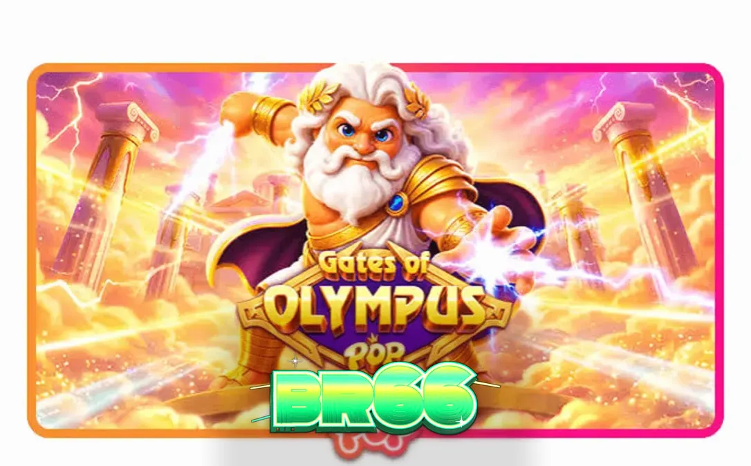 Interface do jogo Gates of Olympus POP com Zeus e grade 3x5