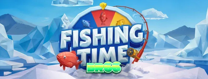 Captura de tela do jogo Fishing Time da BGaming, mostrando a interface otimizada para dispositivos móveis com tema de pesca no gelo e a roda da fortuna.